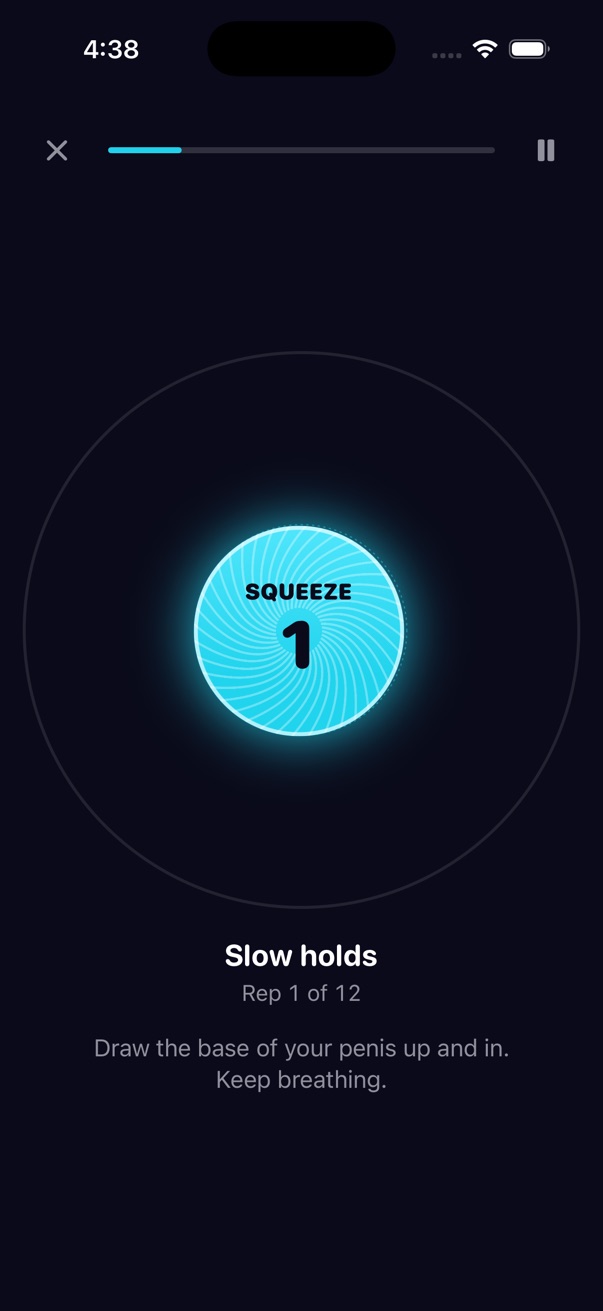 Session screen. A small bright cyan circle with the word Squeeze. Below: Slow holds, rep 1 of 12. Draw the base of your penis up and in. Keep breathing.