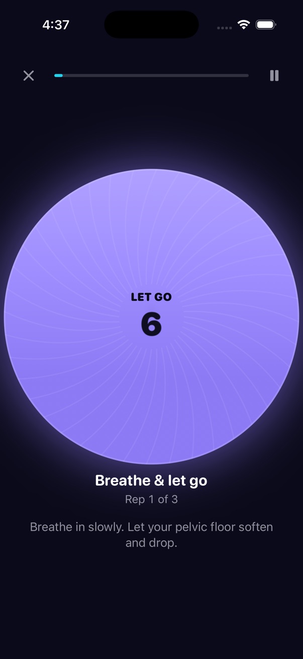 Session screen. A large purple circle with the words Let go and a countdown. Below: Breathe and let go. Breathe in slowly. Let your pelvic floor soften and drop.