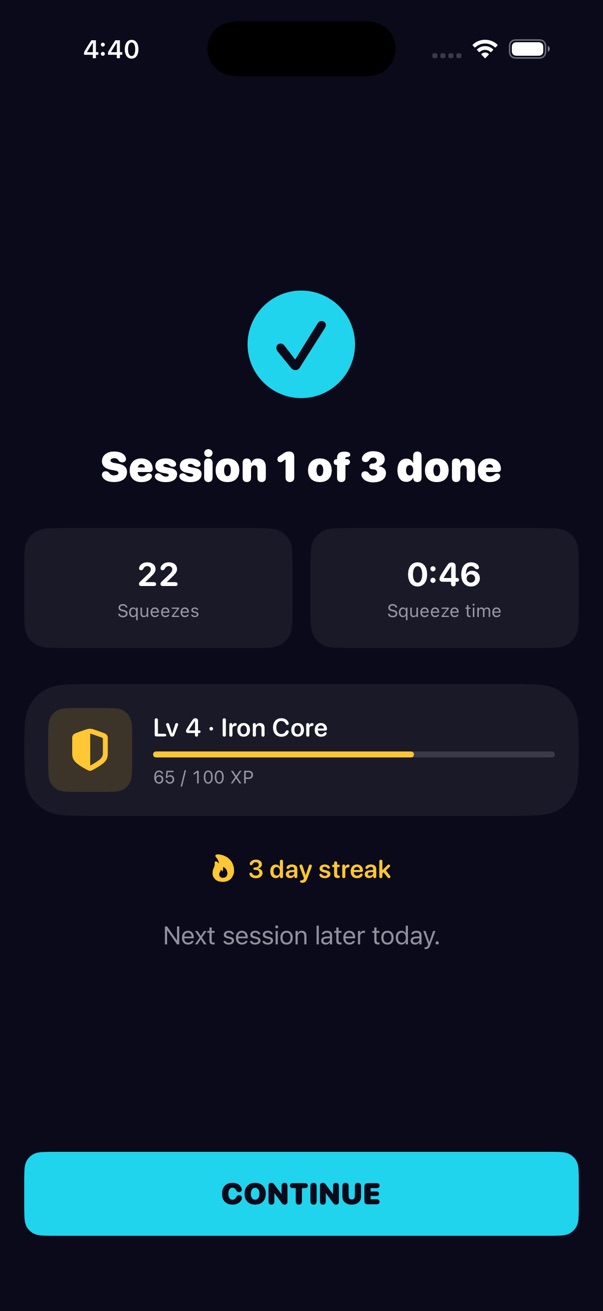 Result screen. Session 1 of 3 done. 22 squeezes, 46 seconds of squeeze time, level 4 Iron Core, 3 day streak.